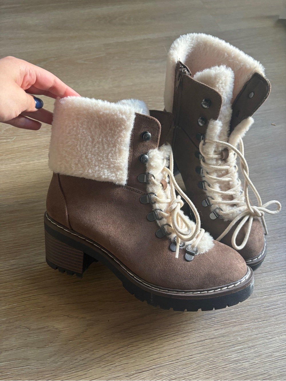 Brown Faux-Shearling Lace-Up Ankle Boots - Women
